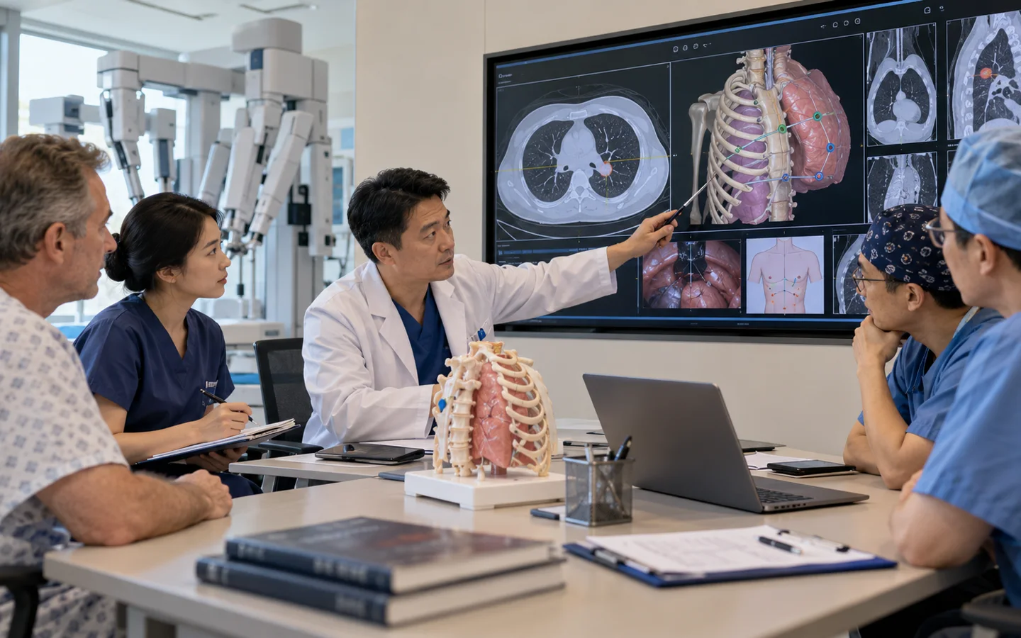 Chinese robotic thoracic operating team reviewing port placement CT anatomy and open conversion plan