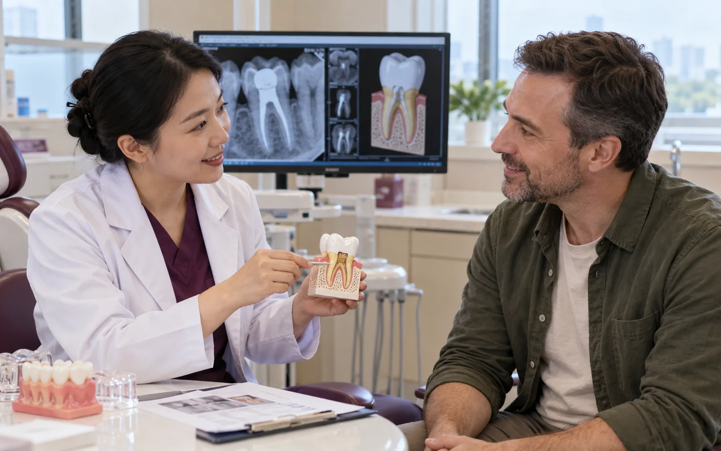 Fully clothed international patient completing root healing bite crown and symptom review after root canal treatment with a Chinese dental clinician