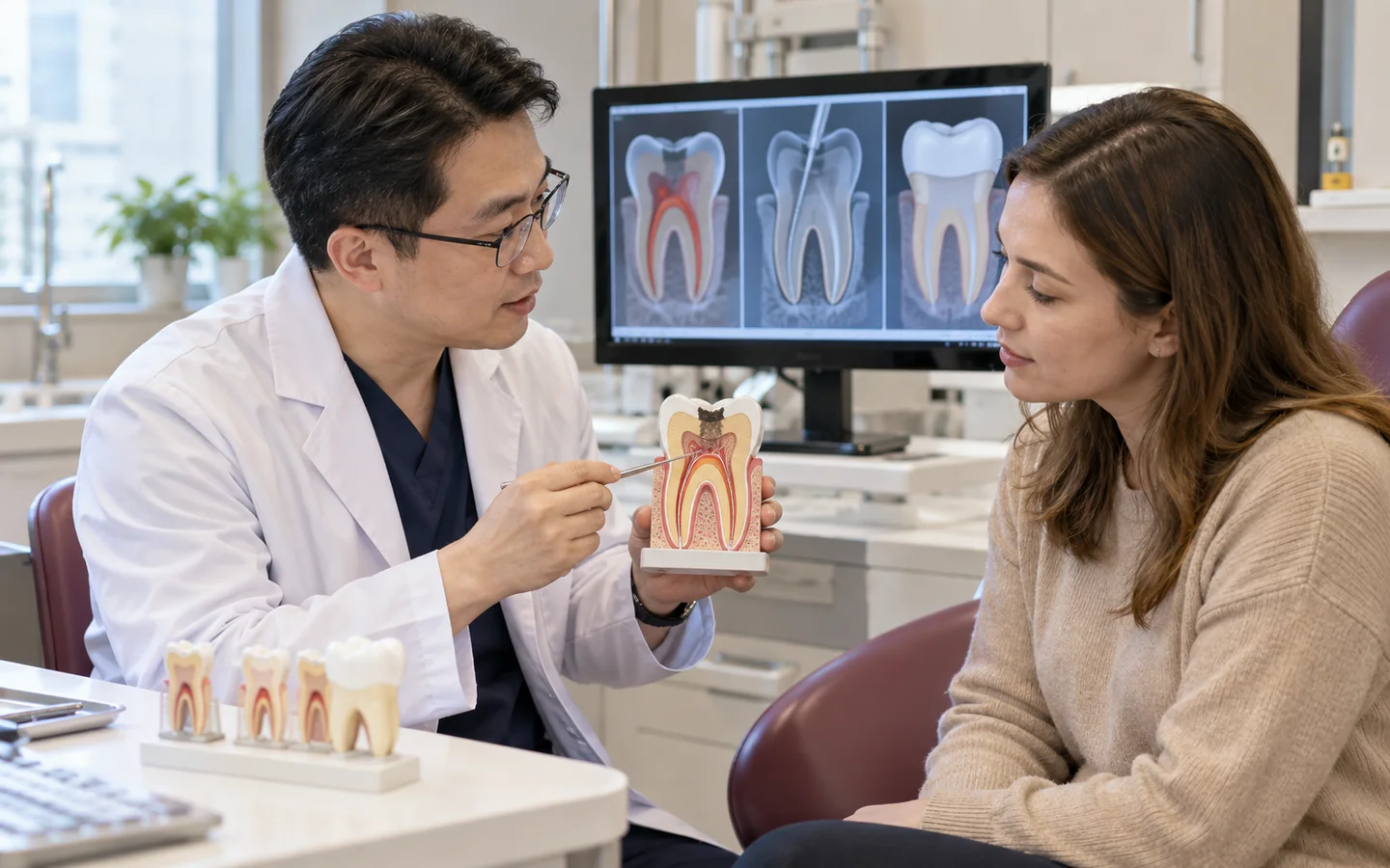 Chinese dental specialist explaining root canal anatomy infection control and final restoration using a tooth model to a fully clothed international patient