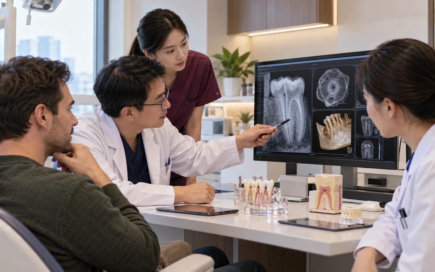 Chinese dental team reviewing pulp testing radiographs canal anatomy cracks and restorative ferrule