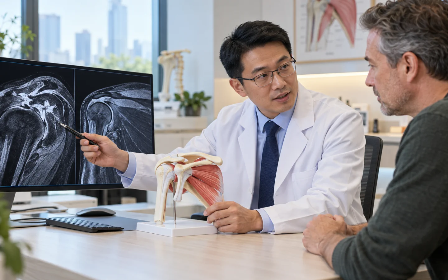 Chinese shoulder specialist reviewing rotator cuff MRI and shoulder model with an international patient