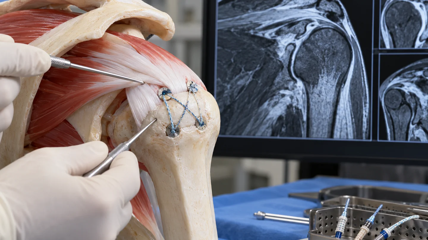 Shoulder tendon model with suture anchors beside MRI during rotator cuff repair planning