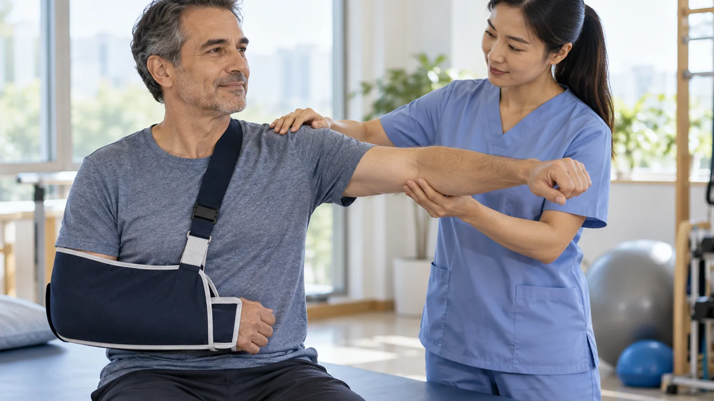International patient performing protected shoulder therapy with a Chinese physiotherapist after rotator cuff repair