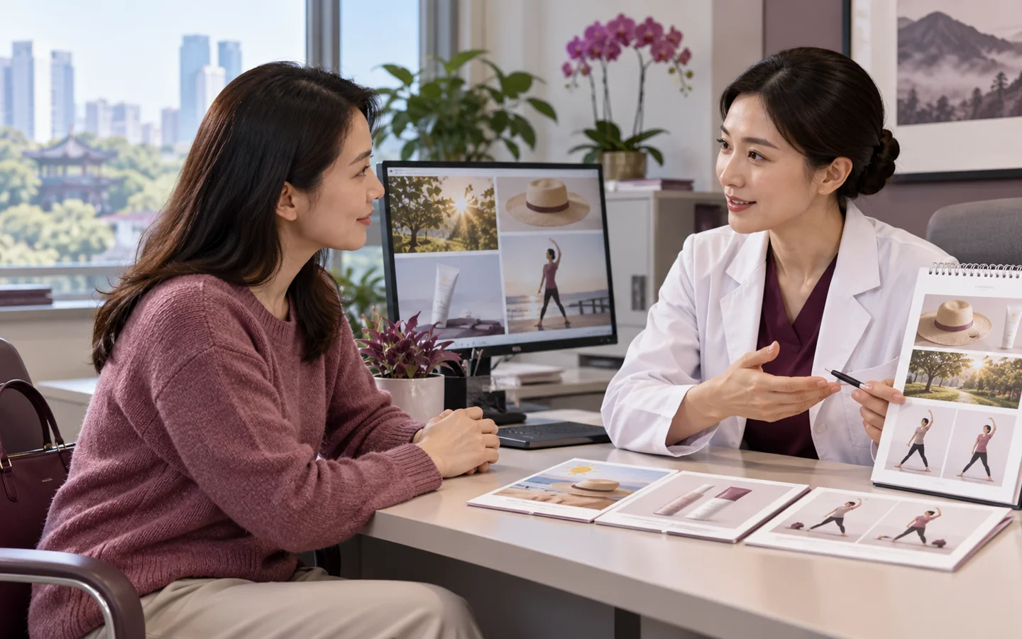 Fully clothed international patient completing scar massage silicone sun protection and maturation follow up with a Chinese rehabilitation clinician