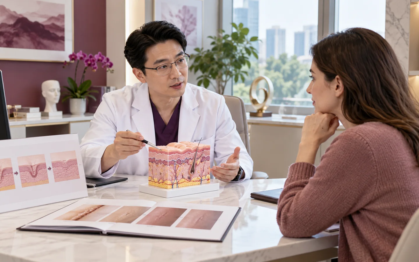 Chinese plastic and reconstructive surgeon explaining different scar types tension lines and revision options using skin models to a fully clothed international patient
