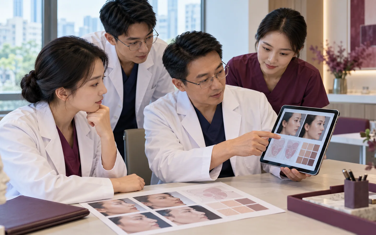 Chinese reconstructive team reviewing serial photographs scar thickness color tension motion and previous treatment response