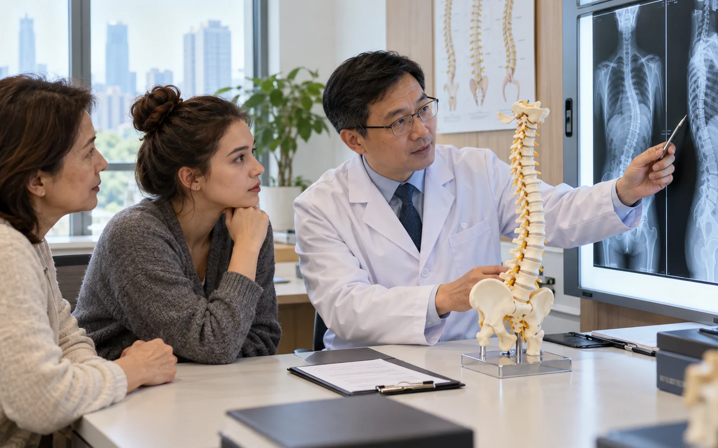 Chinese spine deformity surgeon reviewing standing full-spine X-rays and a spine model with an international patient and family member