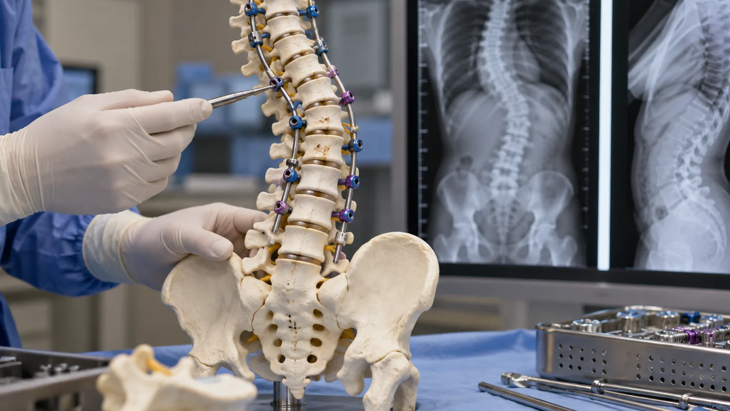 Scoliosis correction model with rods and pedicle screws beside standing spine radiographs during surgical planning