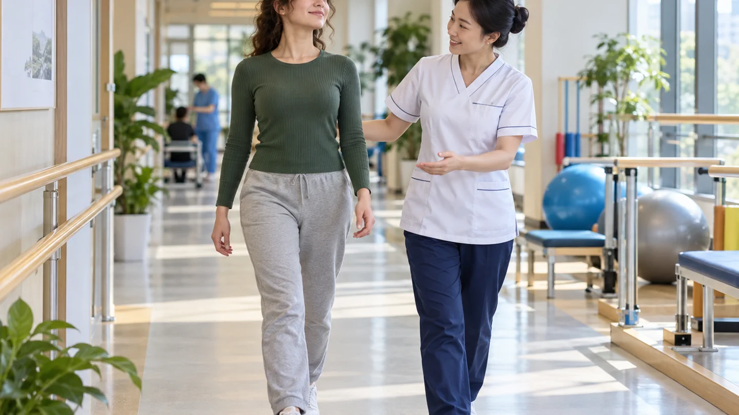 Young adult international patient practising upright walking with a Chinese physiotherapist after scoliosis correction
