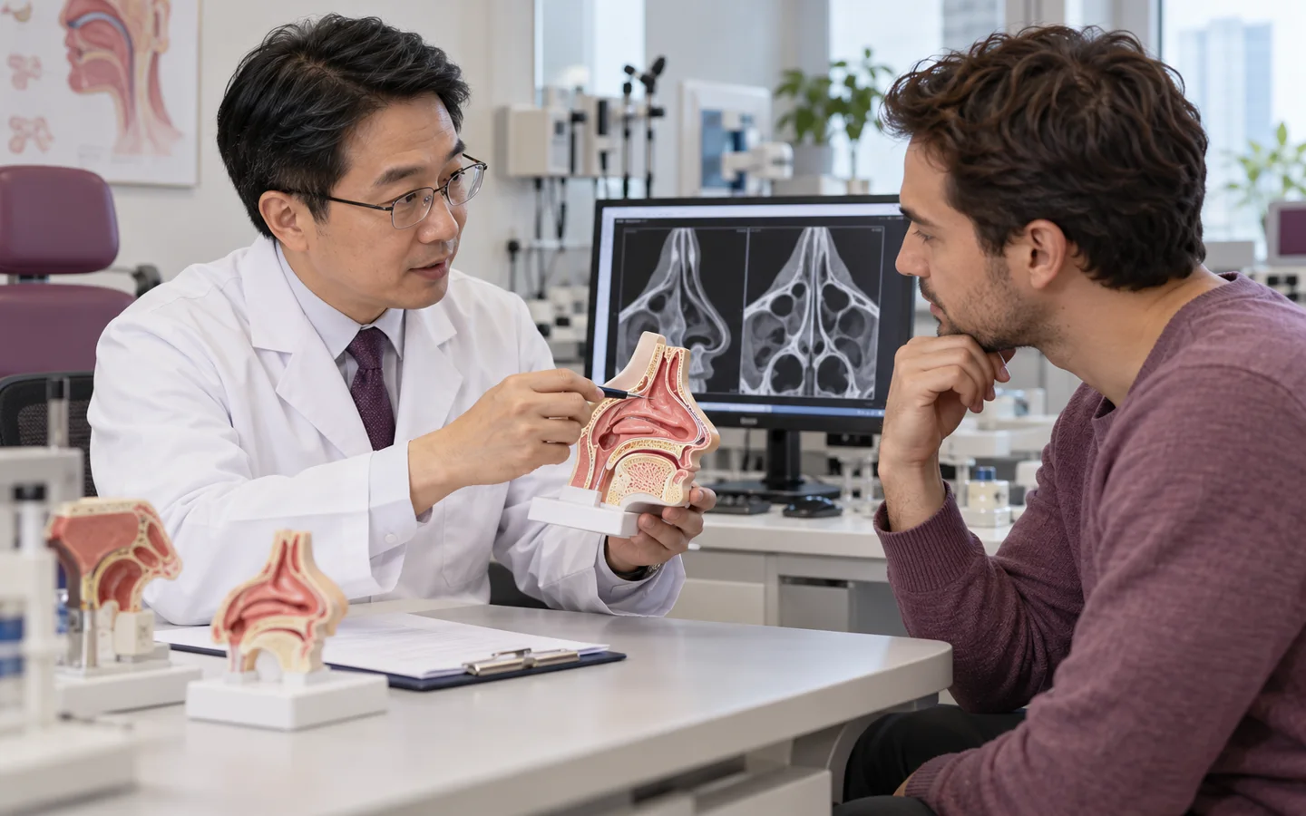Chinese ENT specialist explaining septal deviation airflow and functional septoplasty with a nasal model to a fully clothed international patient