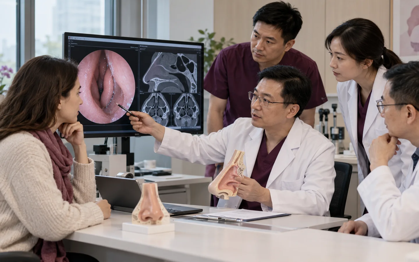 Chinese multidisciplinary ENT team reviewing nasal endoscopy valve support turbinate contribution and external alignment