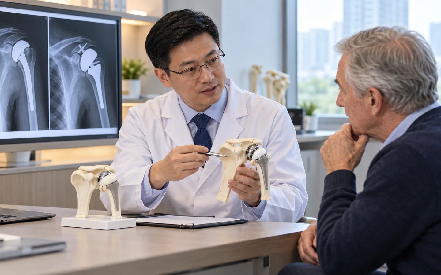 Chinese shoulder surgeon reviewing shoulder X-rays and implant choices with an international patient