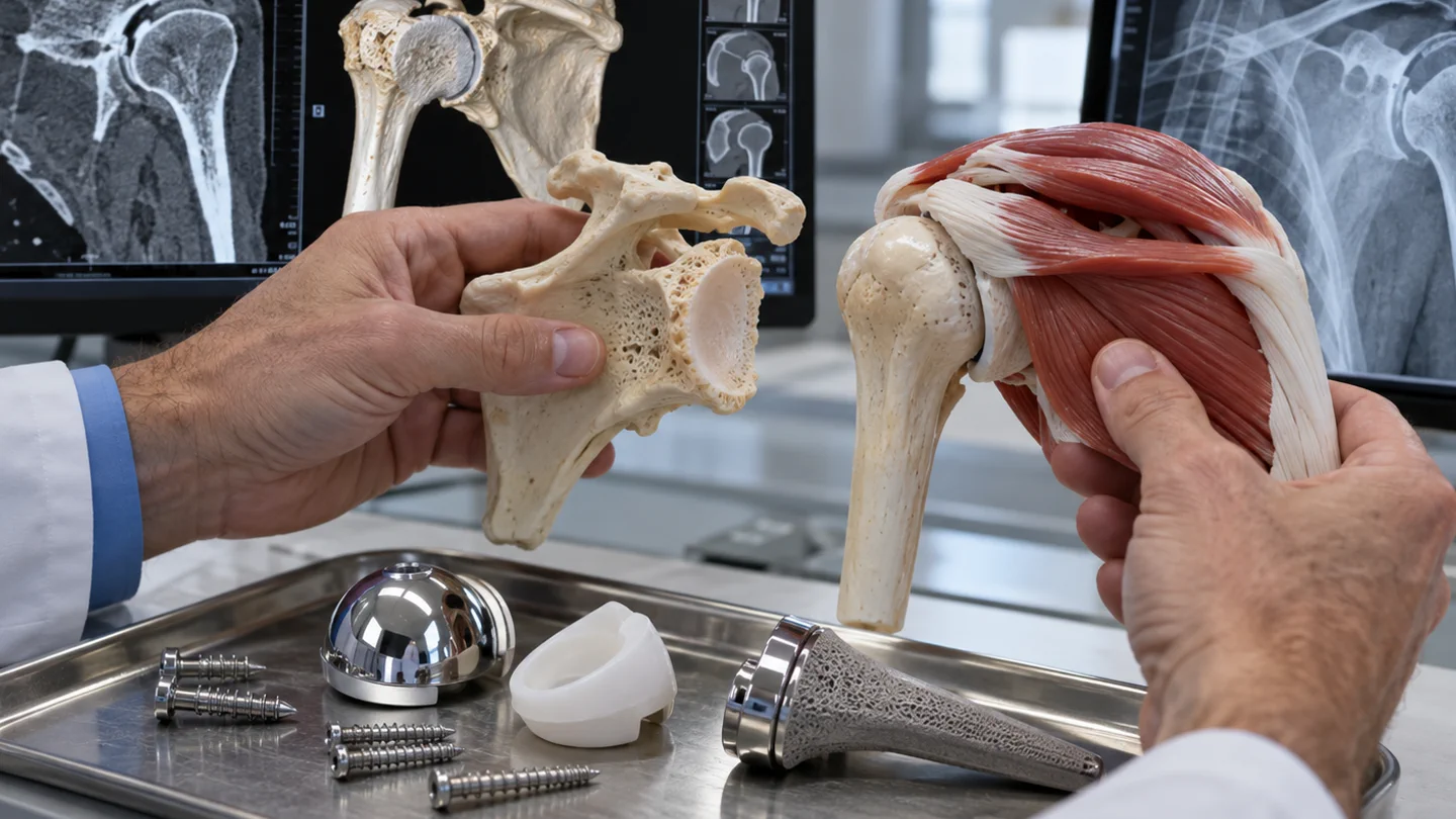 Shoulder implant models and three-dimensional CT images used to compare anatomic and reverse replacement