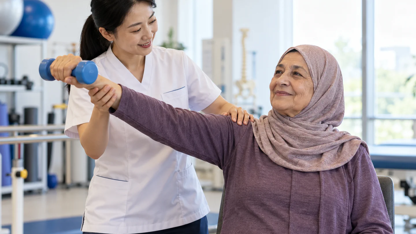 International patient performing guided shoulder rehabilitation with a Chinese physiotherapist