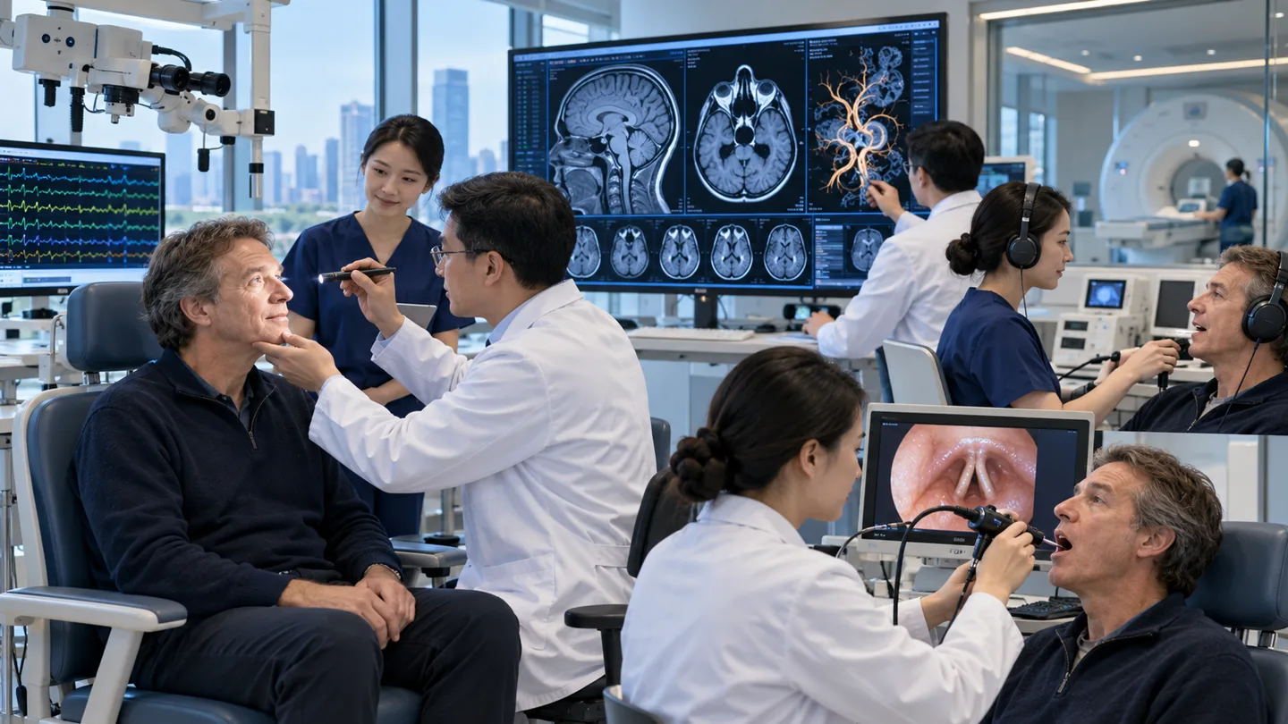 International patient completing cranial nerve hearing swallowing and MRI follow-up after skull base surgery