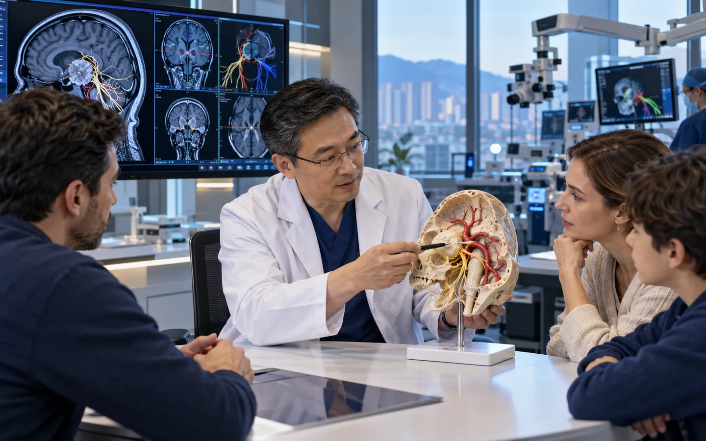 Chinese skull base neurosurgeon explaining cranial nerve and vessel anatomy to an international family