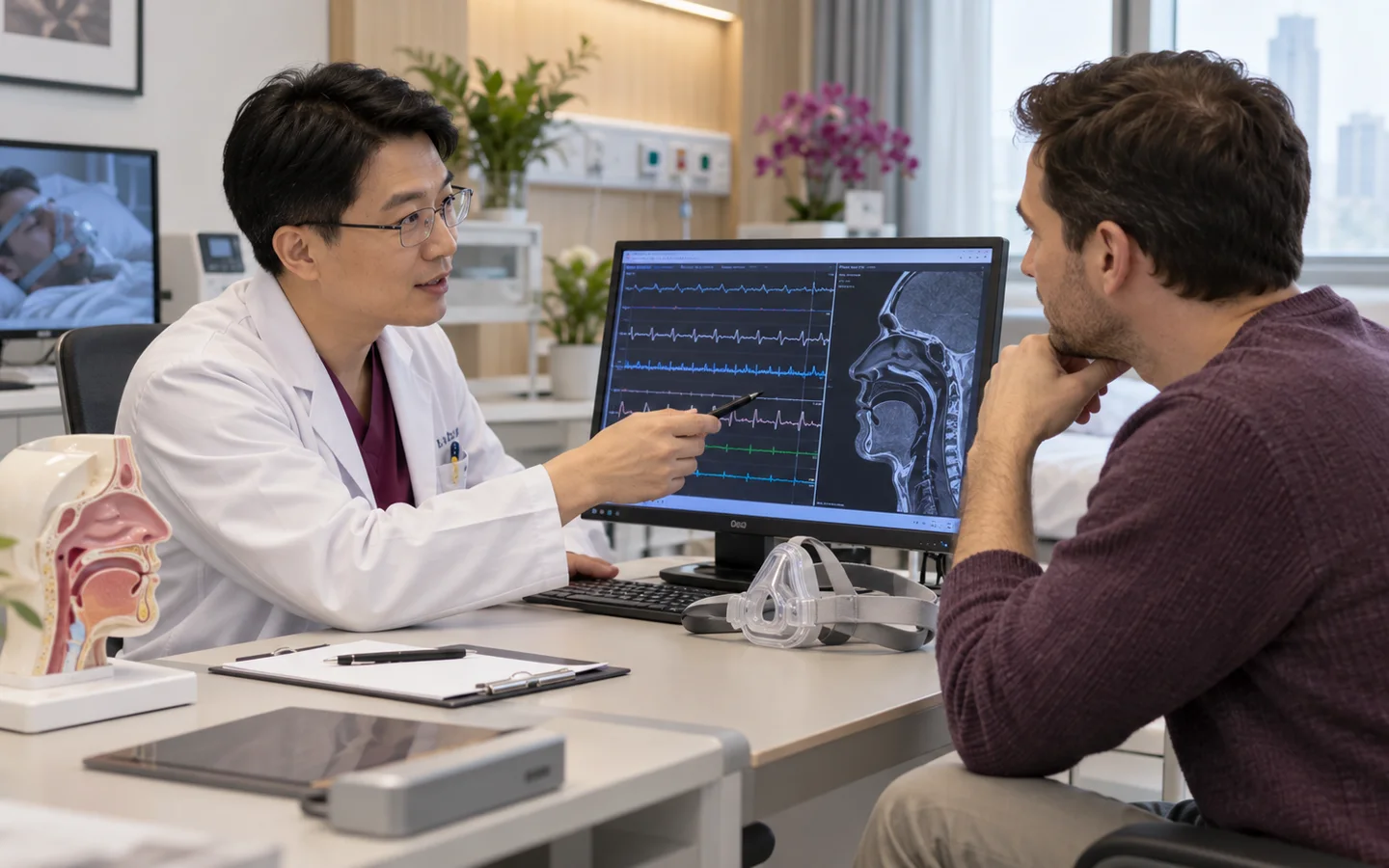 Fully clothed international patient completing repeat sleep testing and airway recovery after sleep apnea surgery with a Chinese ENT clinician