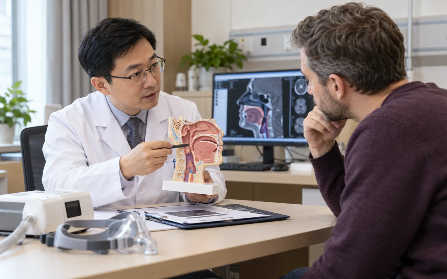 Chinese ENT specialist explaining site-specific upper airway collapse and sleep apnea treatment options with an airway model to a fully clothed international patient