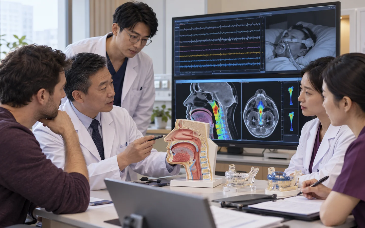 Chinese multidisciplinary ENT team reviewing sleep study PAP data nasal palate tongue and jaw assessment with airway mapping