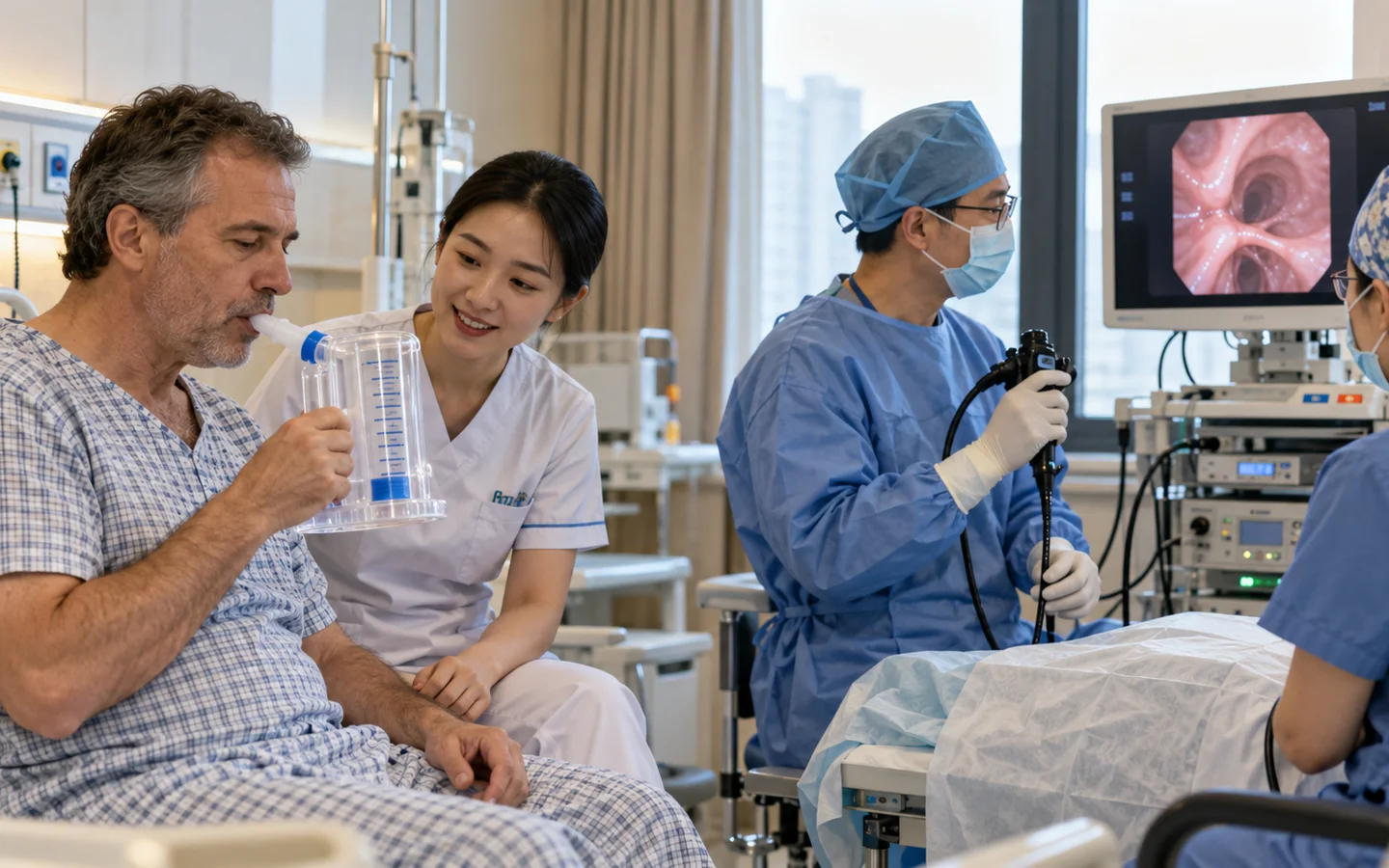 International patient completing breathing and bronchoscopy follow up after sleeve lobectomy
