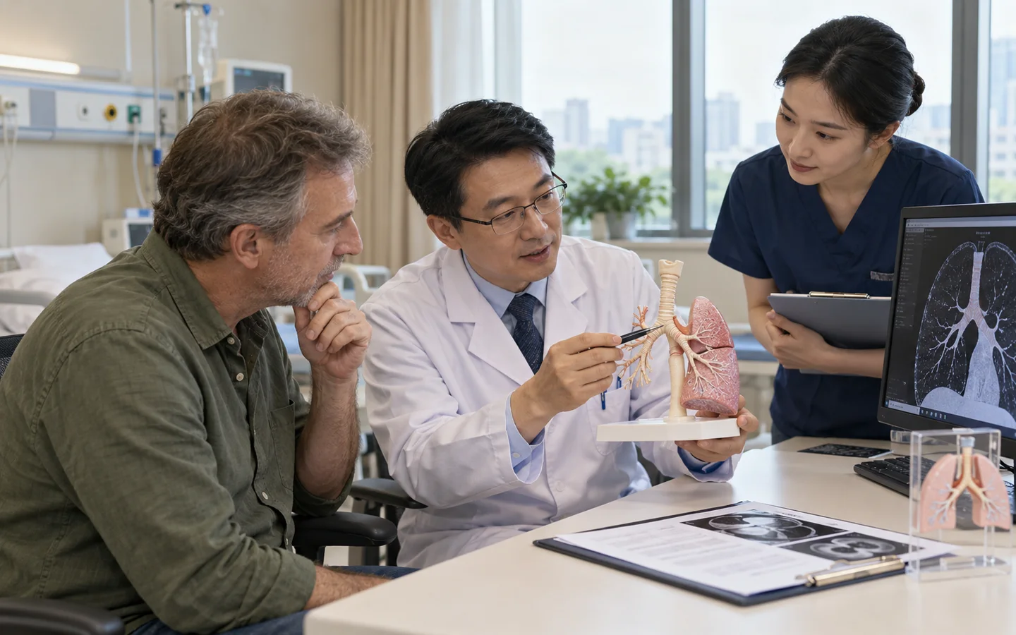 Chinese thoracic airway surgeon explaining sleeve lobectomy with a bronchial model to an international patient