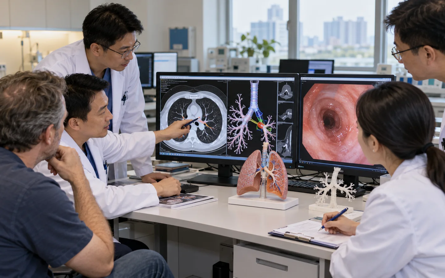 Chinese thoracic team reviewing bronchoscopy CT airway margins and reconstruction planning