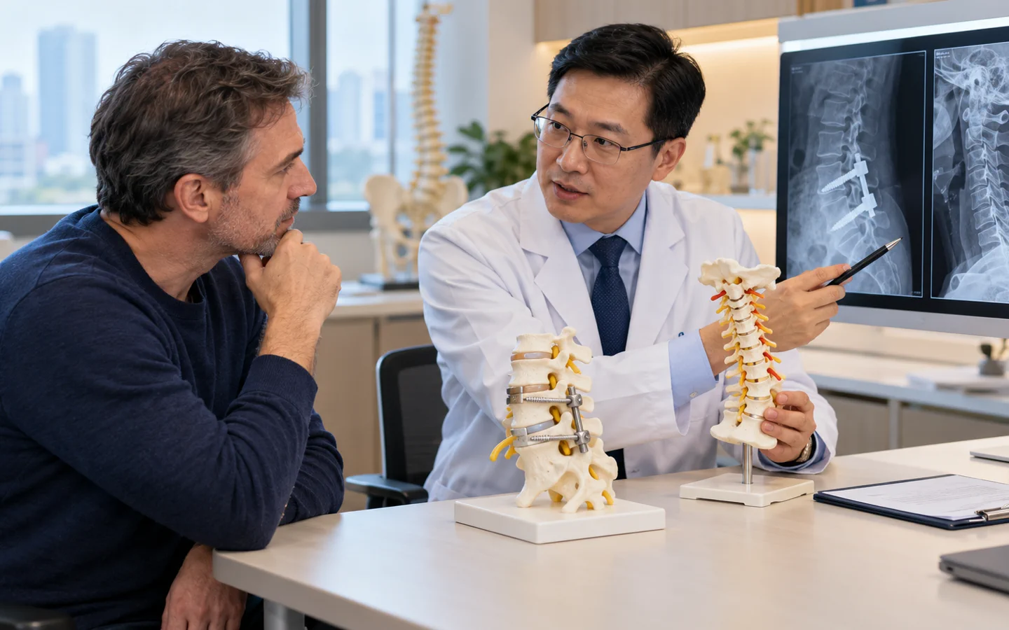 Chinese spine surgeon explaining fusion choices with cervical and lumbar models to an international patient