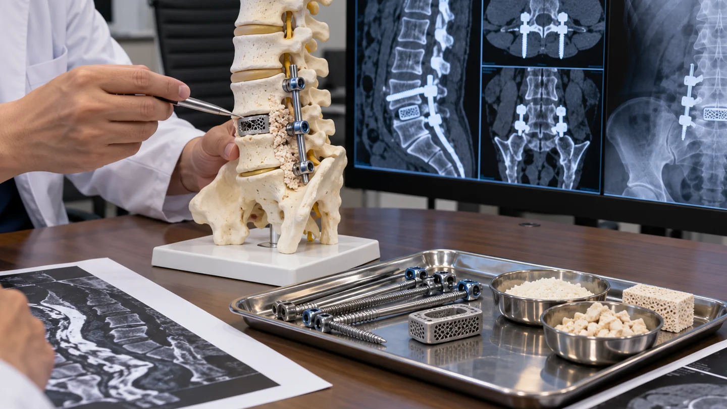 Lumbar fusion model with screws rods cage and bone graft beside CT and X-ray images