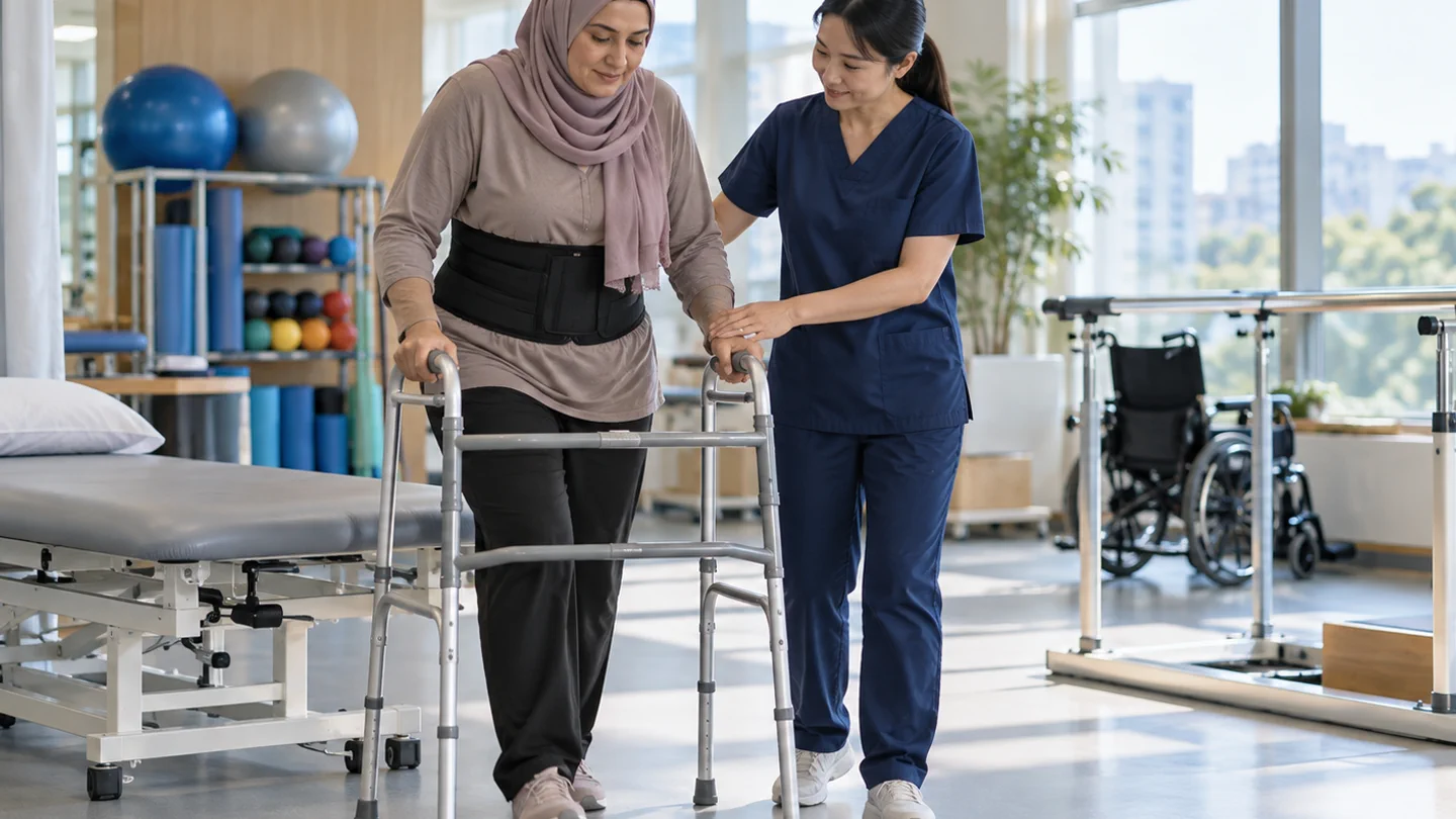 International patient walking with a frame under Chinese physiotherapist supervision after spinal fusion