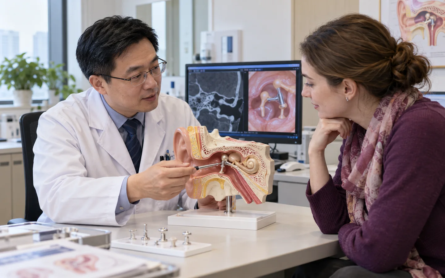Chinese ENT specialist explaining stapes fixation and prosthesis principles with a middle-ear model to a fully clothed international patient