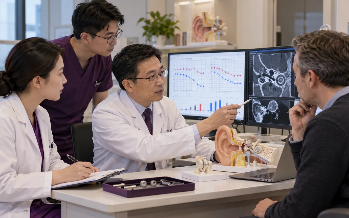 Chinese multidisciplinary ENT team reviewing audiometric air-bone gaps speech scores ear examination and prosthesis planning