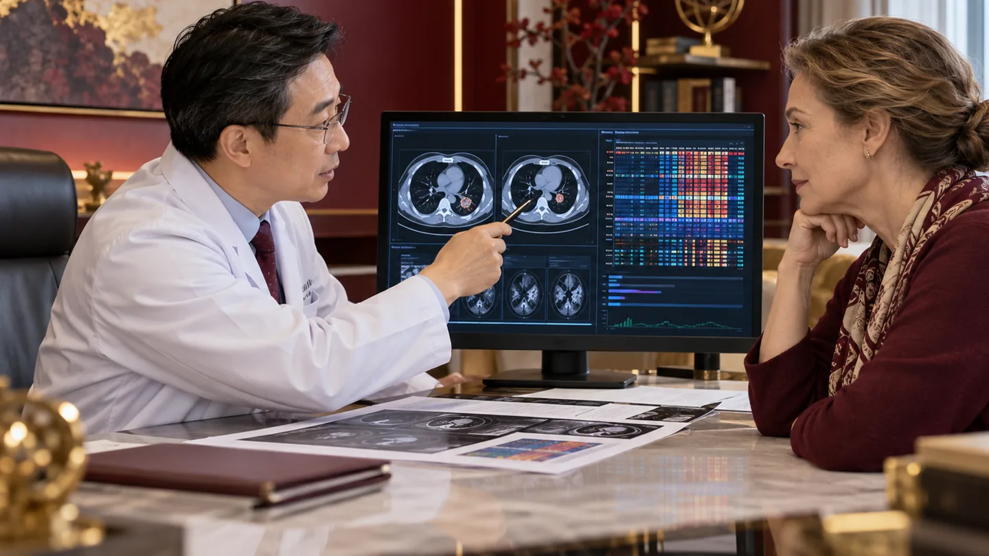 Chinese oncologist reviewing scan response and resistance testing during targeted therapy follow-up