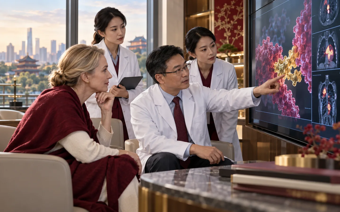 Chinese precision oncology team reviewing a tumour biomarker map with an international patient