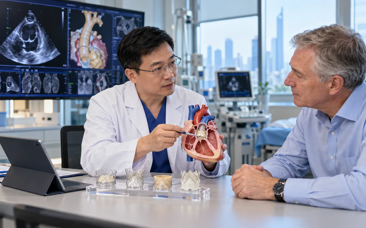 Chinese structural heart cardiologist explaining TAVR valve options to an international patient