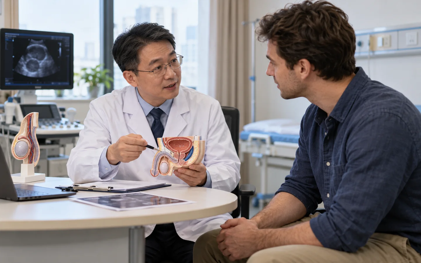 Chinese urologic oncologist explaining inguinal testicular cancer surgery and fertility preservation to an international adult patient