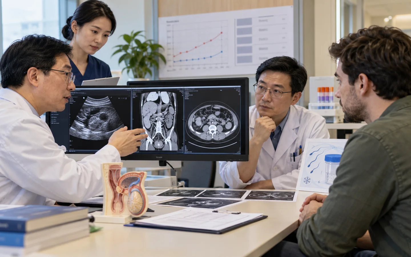 Chinese germ cell tumor team reviewing ultrasound tumor markers CT staging and sperm banking plan