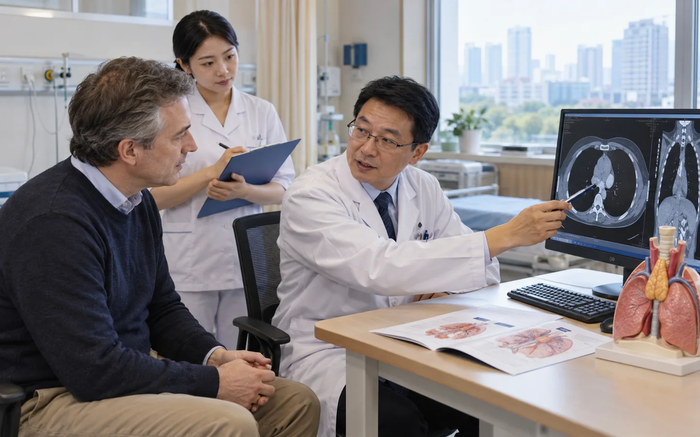 Chinese thoracic surgeon explaining thymectomy and myasthenia considerations to an international patient