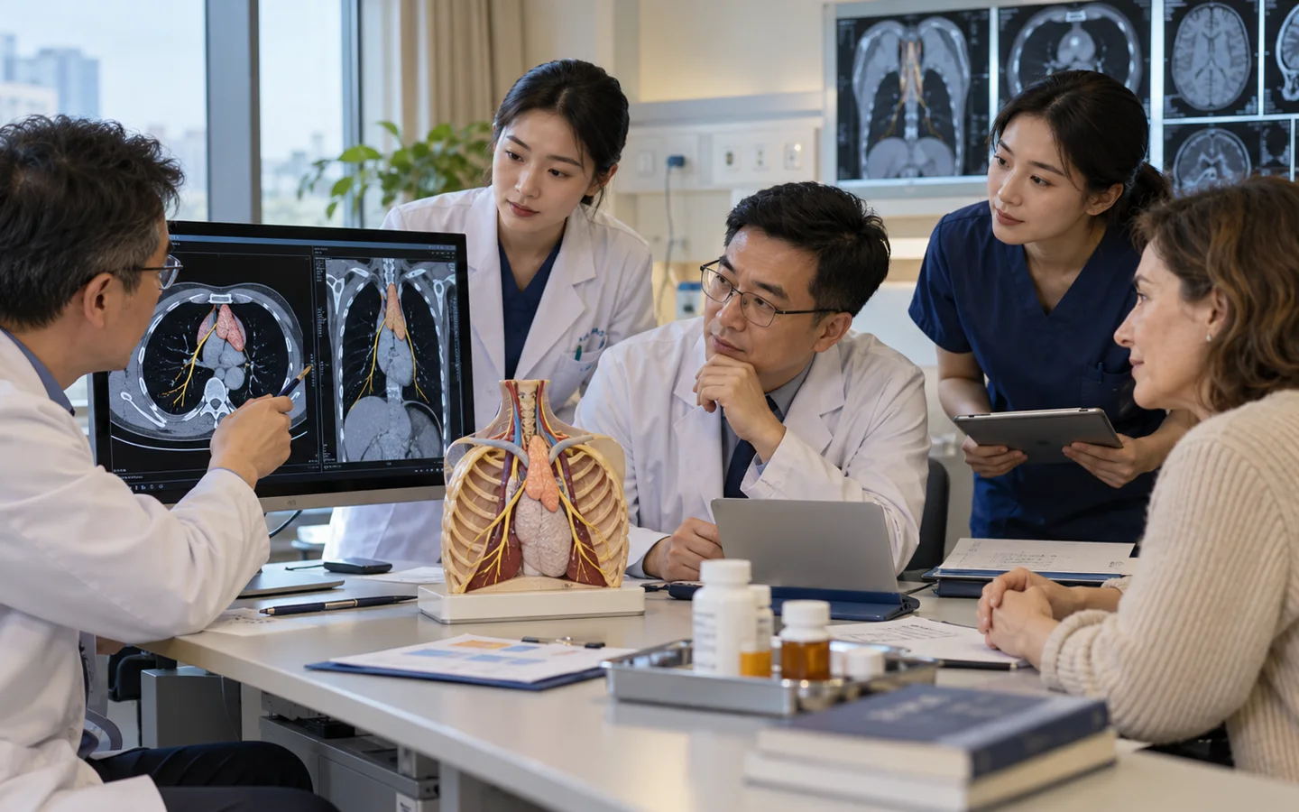 Chinese thoracic and neurology team reviewing thymus CT phrenic nerves and perioperative medication plan