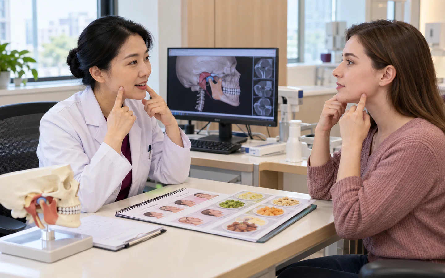 Fully clothed international patient completing jaw movement therapy diet progression and joint-function review with a Chinese dental clinician