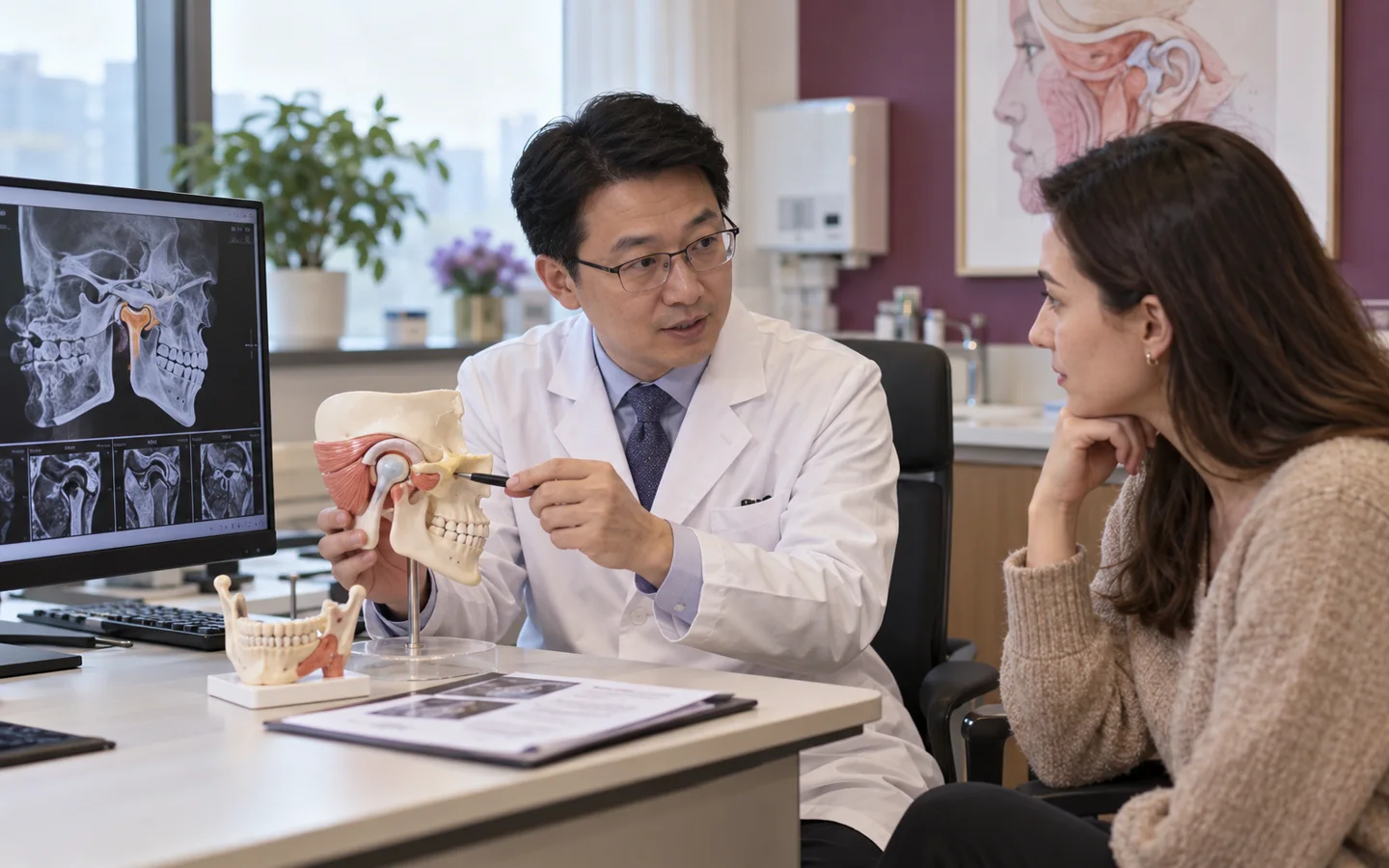 Chinese dental specialist explaining temporomandibular joint anatomy and conservative-to-surgical treatment ladder to a fully clothed international patient