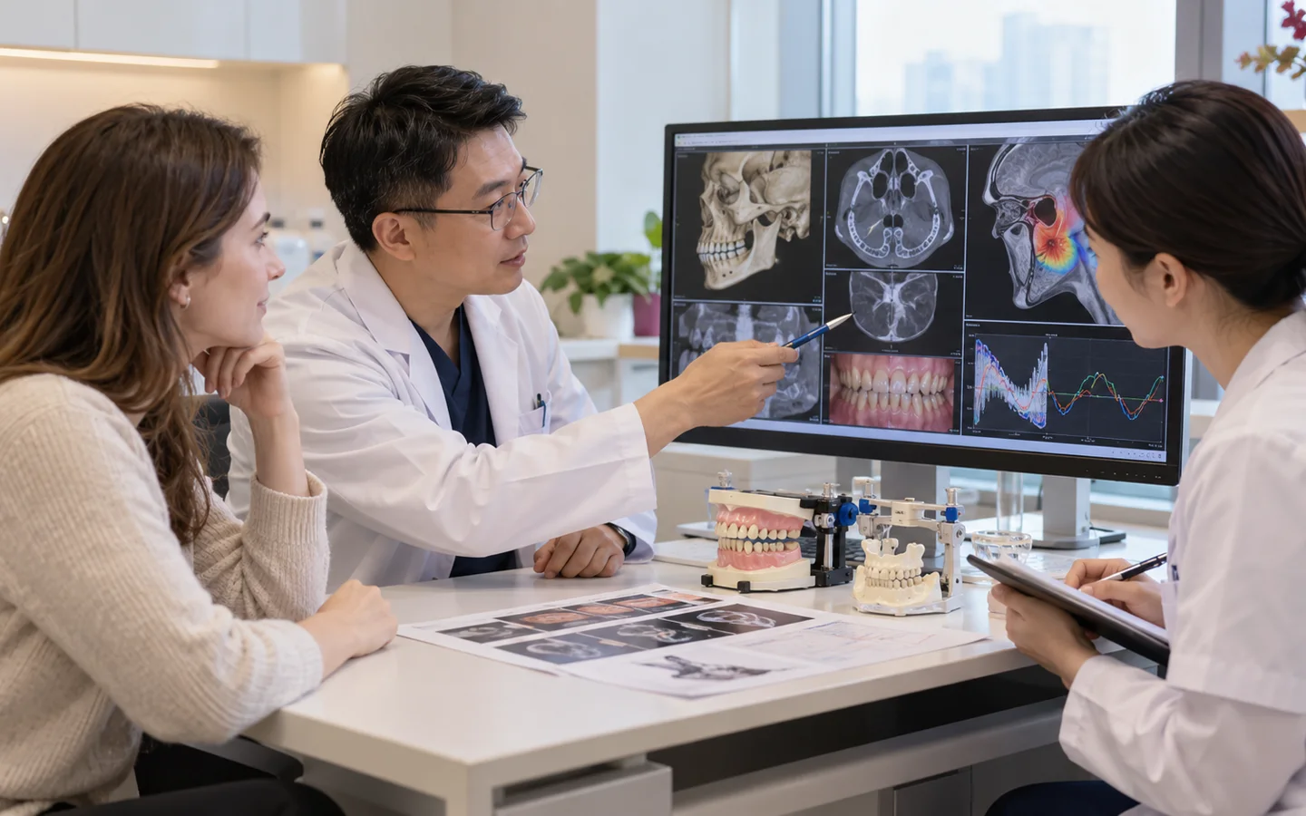 Chinese dental team reviewing jaw motion pain map MRI CT bite and prior treatment response