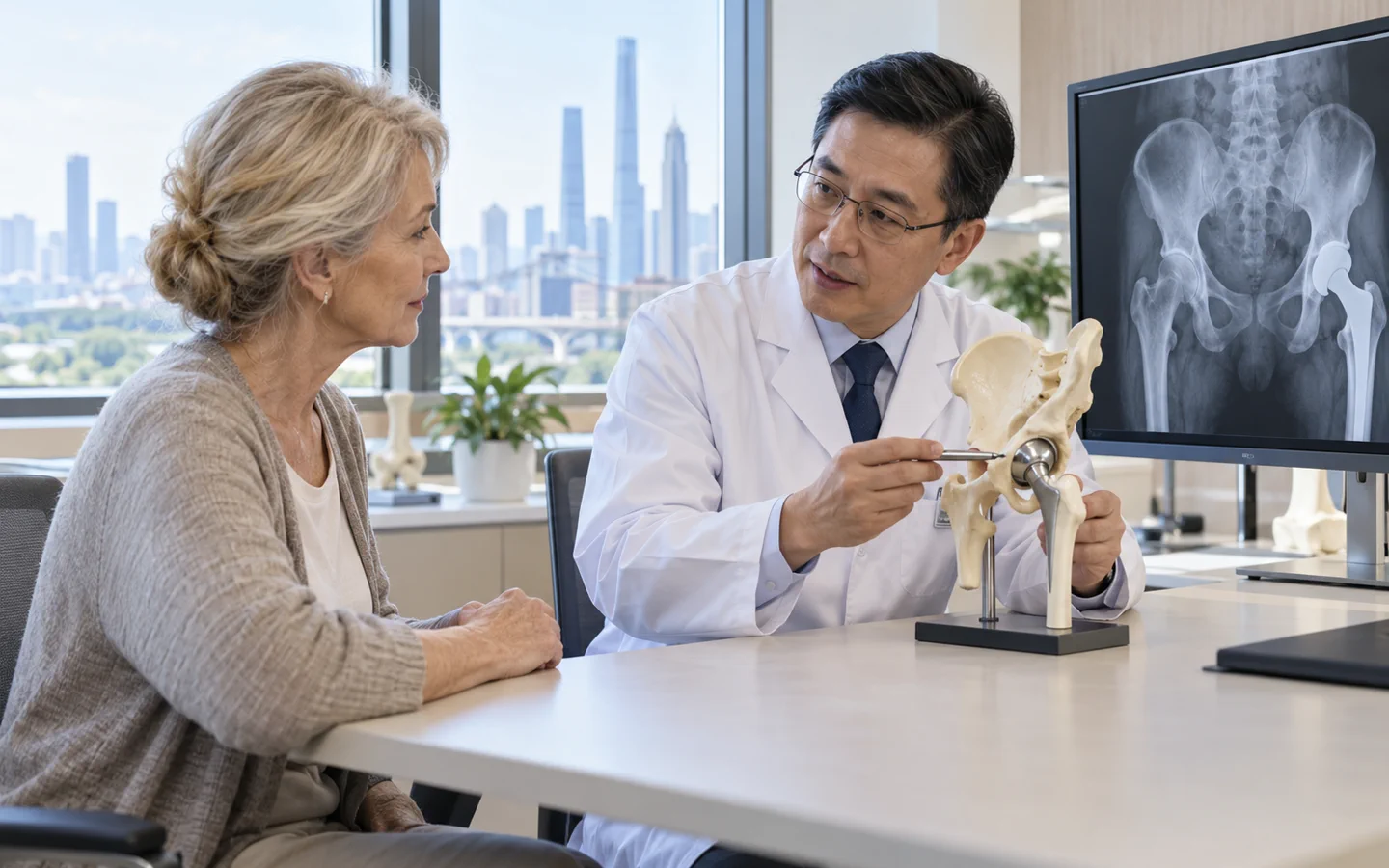 Chinese orthopedic surgeon explaining a total hip implant and pelvis X-ray to an international patient