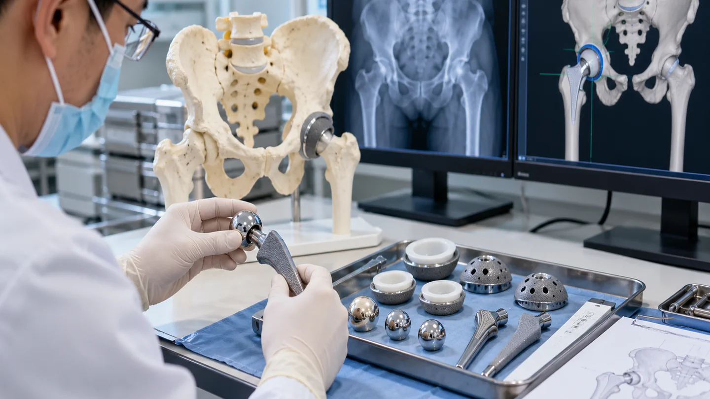 Total hip replacement components, pelvis model and medical imaging used during surgical planning
