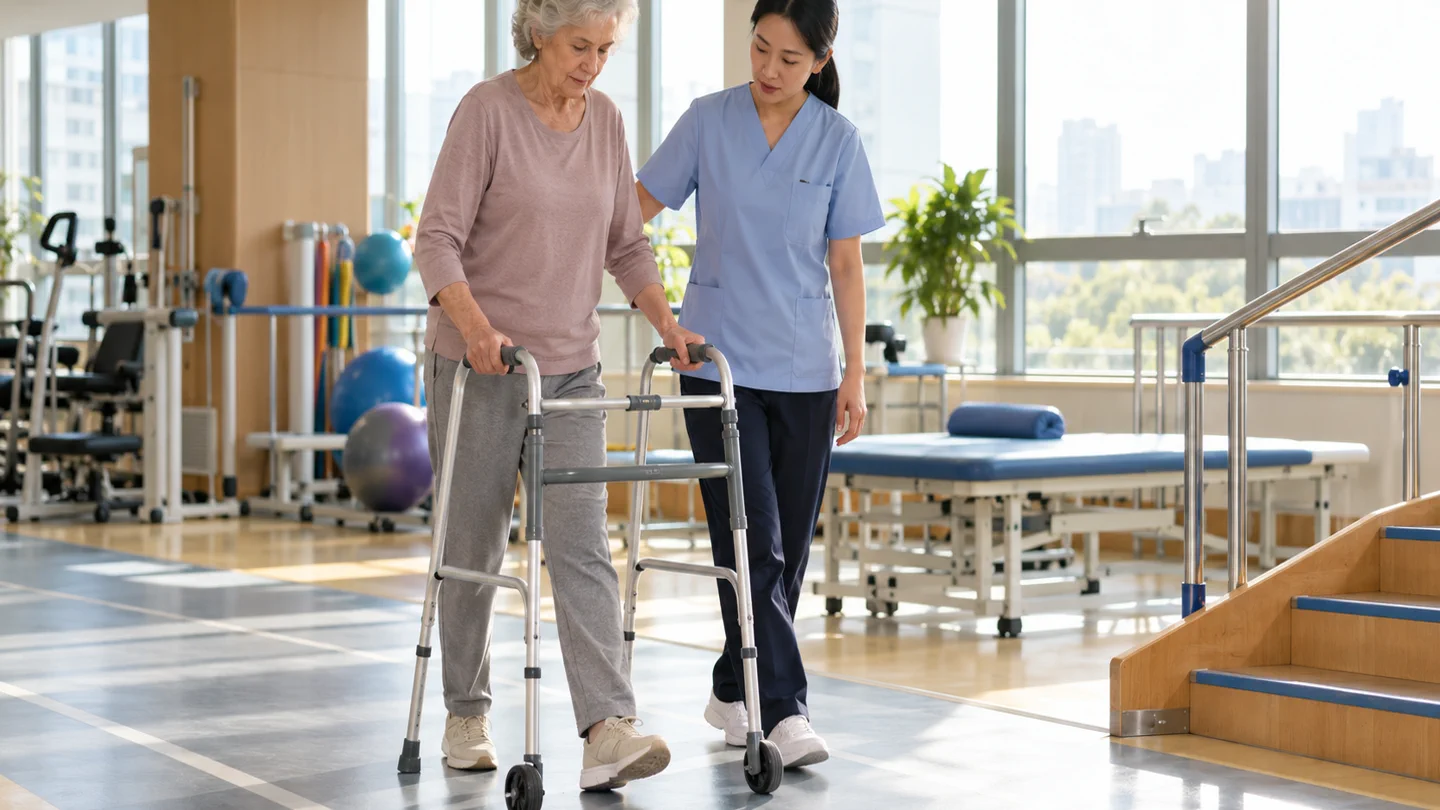 International patient practising supported walking with a physiotherapist after total hip replacement
