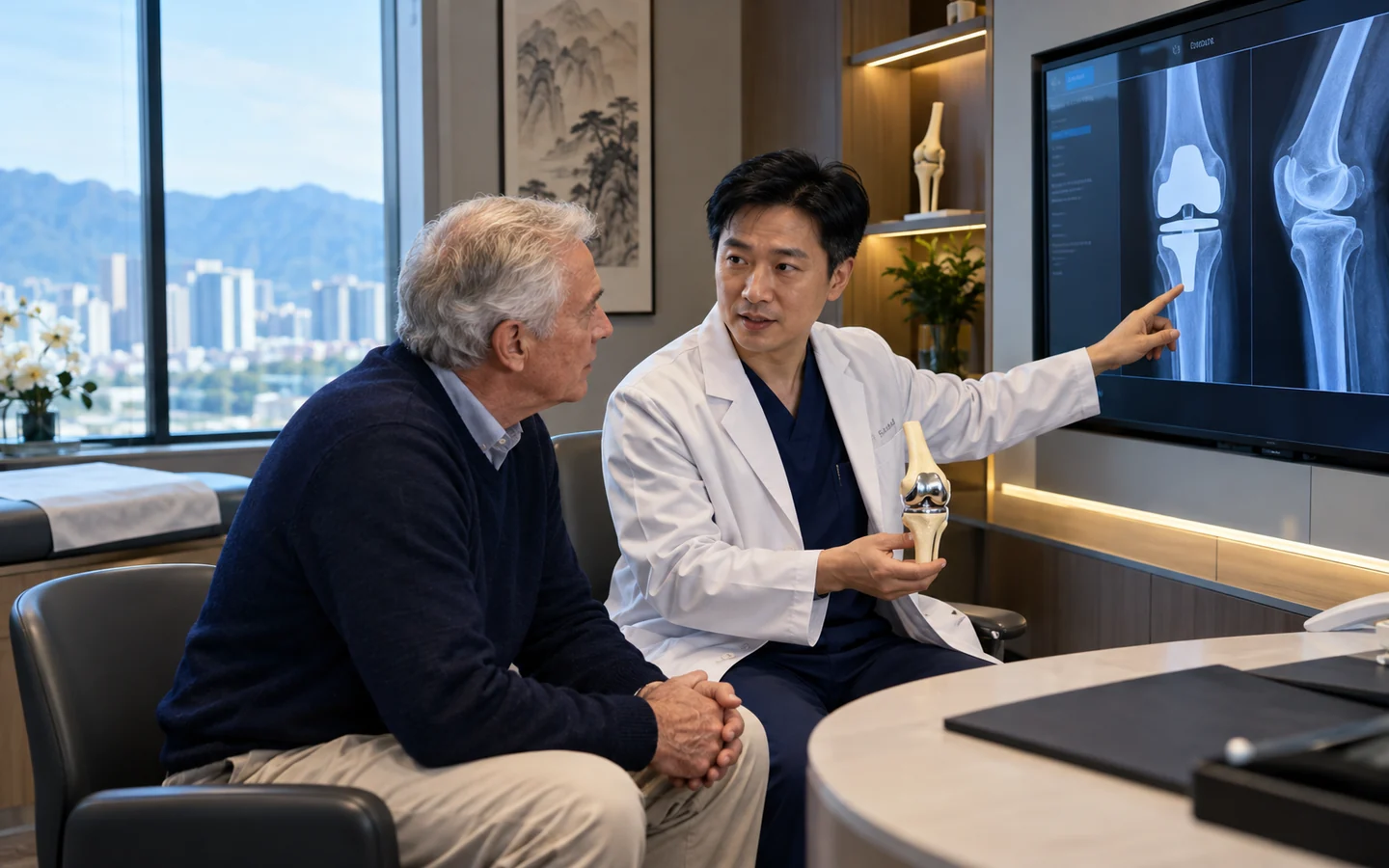 An orthopedic surgeon explaining a knee implant and X-ray to an international patient