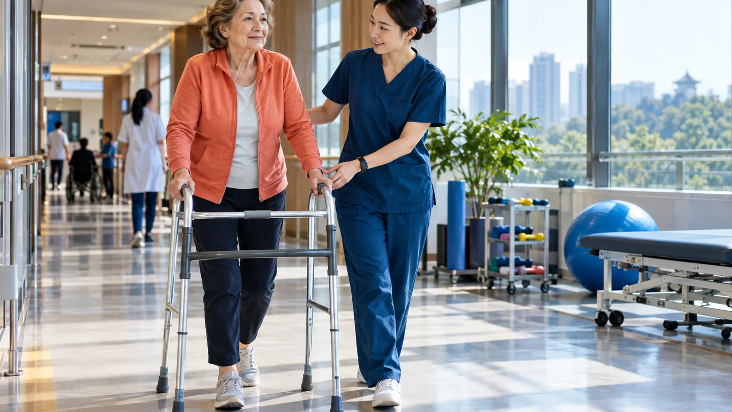An older international patient practising supported walking with a physiotherapist after knee replacement