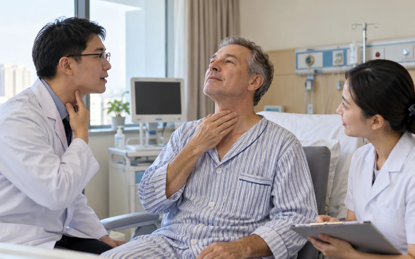 International patient completing voice breathing and neck movement review after tracheal reconstruction