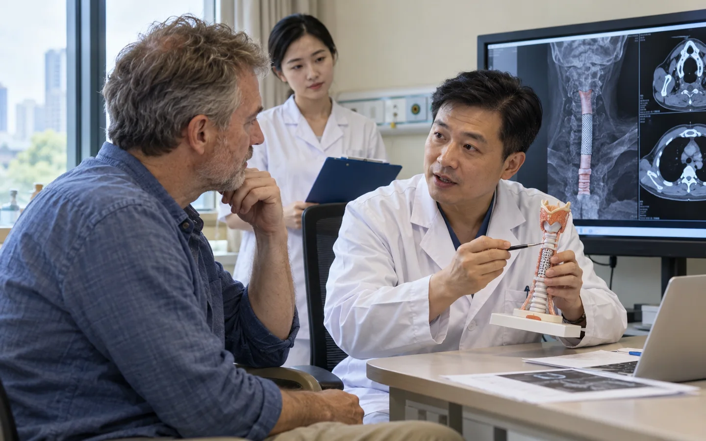 Chinese airway surgeon explaining tracheal resection and reconstruction to an international patient