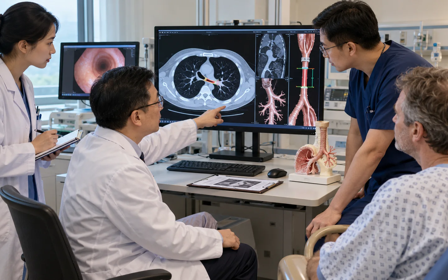 Chinese thoracic airway and anesthesia team reviewing CT bronchoscopy stenosis length and ventilation planning