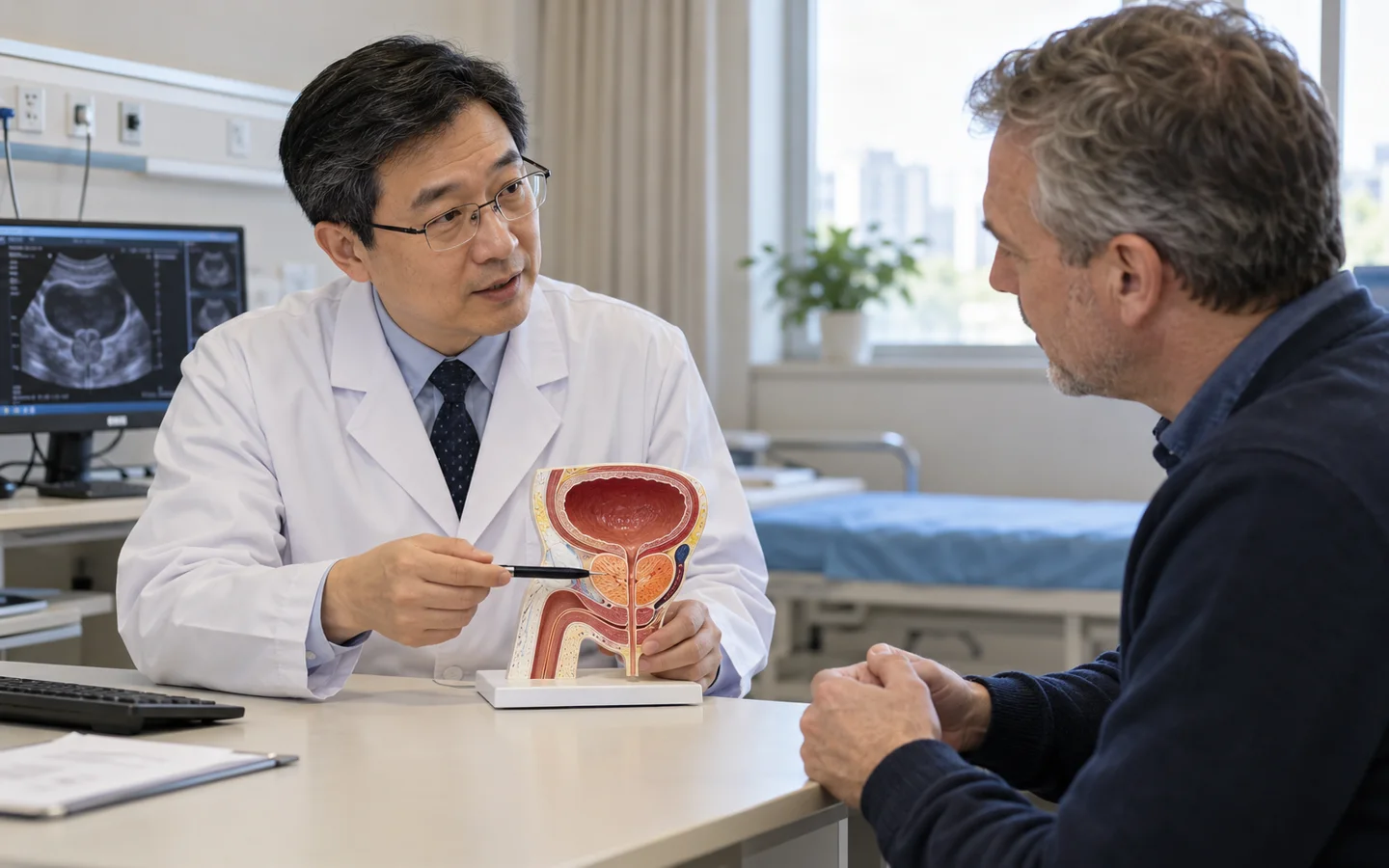 Chinese urologist explaining TURP channel creation to an international adult male patient with a prostate model